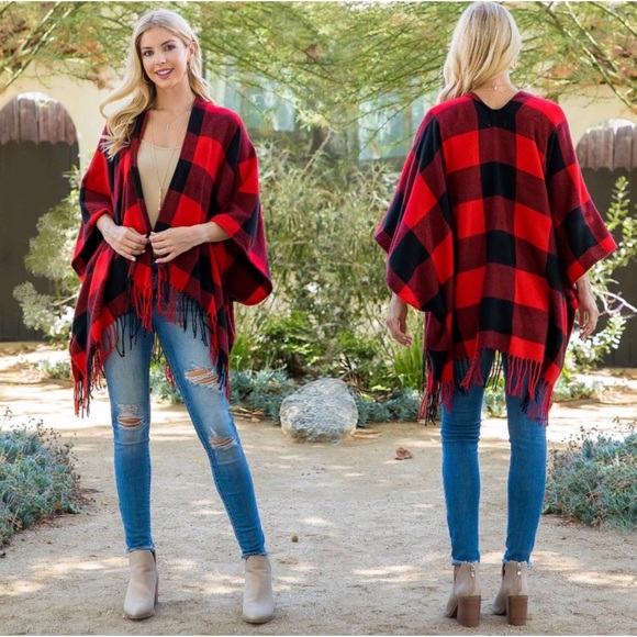 2 LEFT! Buffalo Plaid Print Front Fringe Gorgeos Drape Over Fall Winter Kimono - Picture 4 of 4